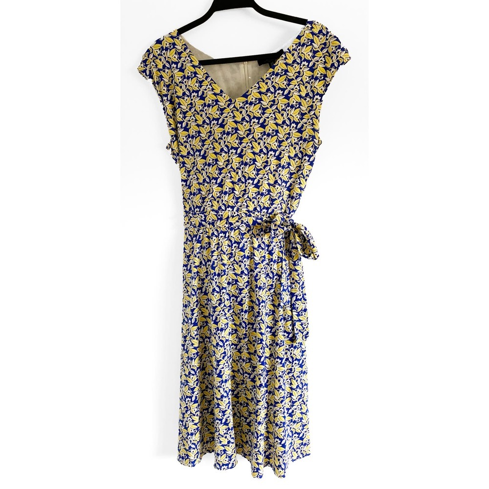 Max Mara Weekend Women's Blue Yellow Floral Printed V‎ Neck Belted Midi Dress